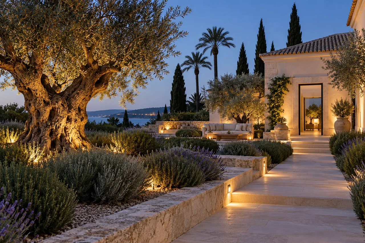 Garden with warm integrated architectural lighting at dusk