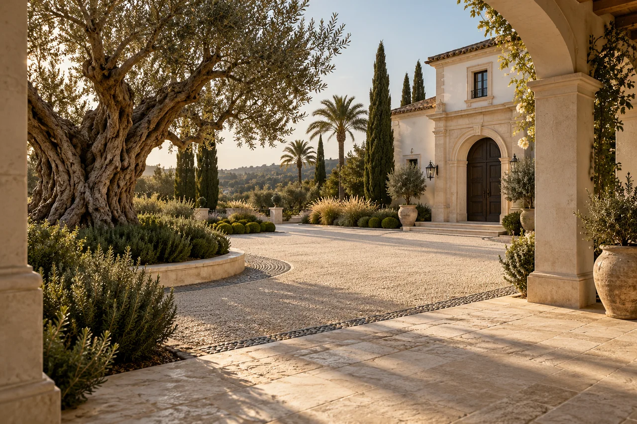 Limestone villa entrance framed by a mature olive tree and palms