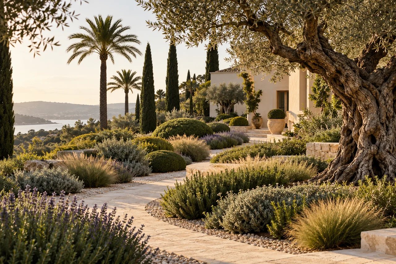 Jardín mediterráneo con plantación arquitectónica y caminos de caliza