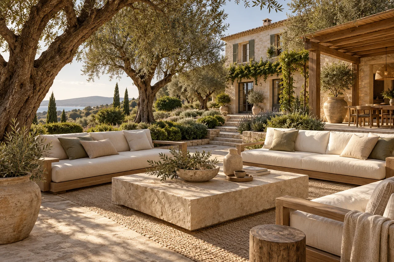 Sofás de exterior e mesa de calcário num pátio ajardinado mediterrânico