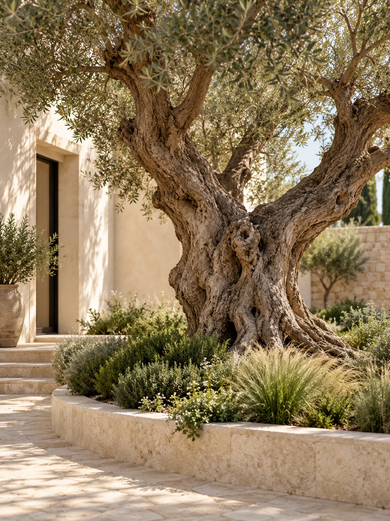 Sculptural olive tree in a quiet Mediterranean courtyard