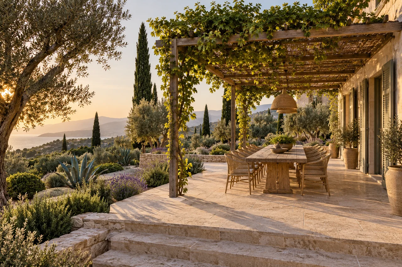 Pérgola de madera y comedor a la sombra entre plantas mediterráneas