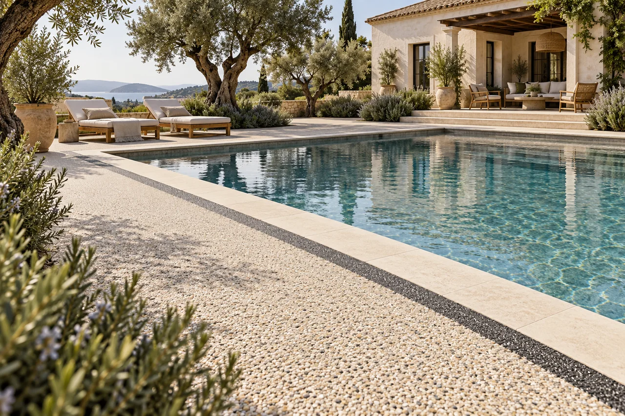 Natural aggregate paving and limestone coping beside a garden swimming pool